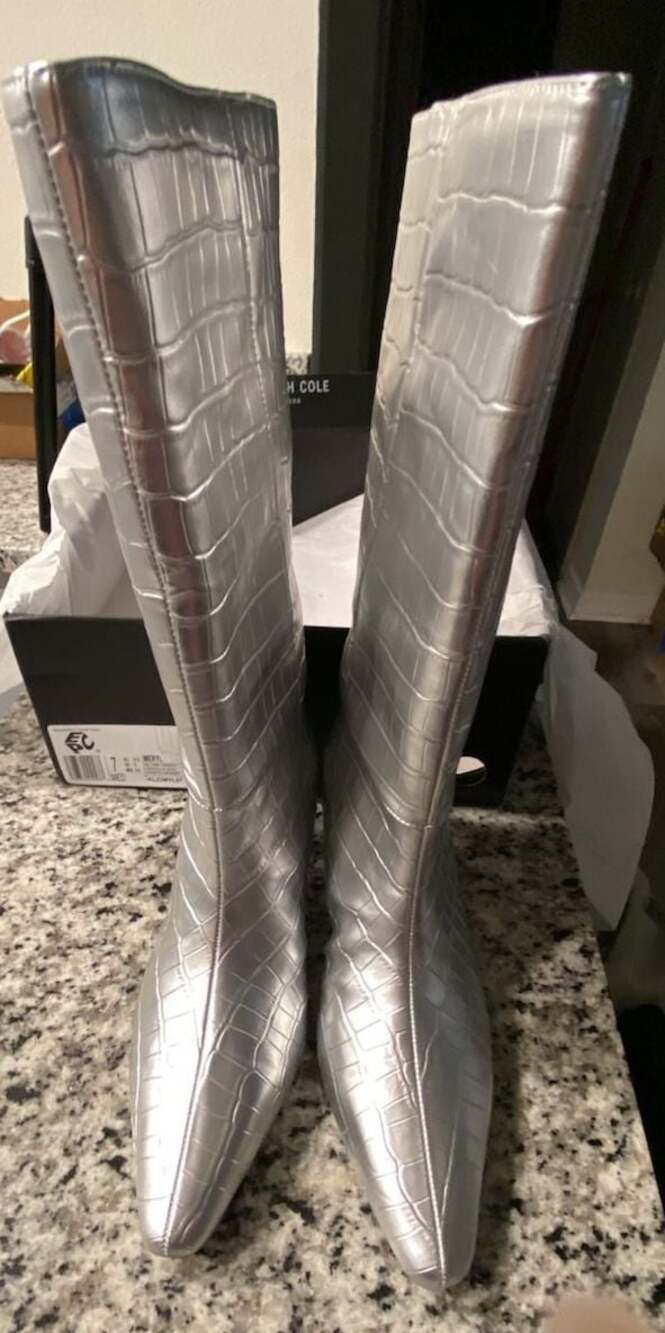 Kenneth Cole New York Women's Meryl Pointed Toe Kitten Heel Boot in Silver Croco